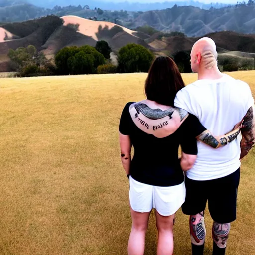 Image similar to portrait of a bald white male tattoos and his white female brown hair wife with tattoos. male is wearing a white t - shirt, tan shorts, white long socks. female is has long brown hair and a lot of tattoos. photo taken from behind them overlooking the field with a goat pen. rolling hills in the background of california and a partly cloudy sky