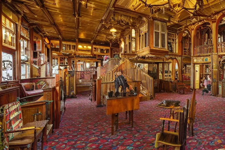 Image similar to full - color photo of the interior of the winchester mystery house. the interior architecture and layout are illogical, surreal, bizarre, complicated, and labyrinthine. there is a faintly - visible victorian ghost lurking and hiding.