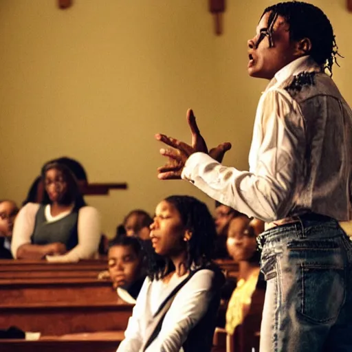 Image similar to cinematic still of Michael Jackson preaching at a Baptist Church in Rural Tennessee, close up, shallow depth of field, directed by Jordan Peele, cinematic