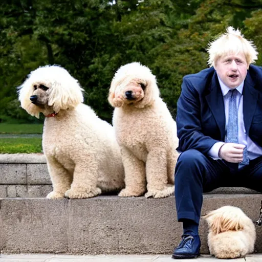 Image similar to Boris Johnson sitting with a group of poodles at a park.