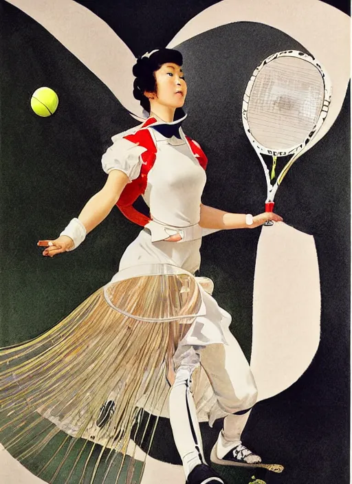 Prompt: a copic maker art nouveau portrait of a japanese girl playing tennis at high speed wearing a futuristic latex pilot suit and a puffy skirt designed by balenciaga by john berkey norman rockwell