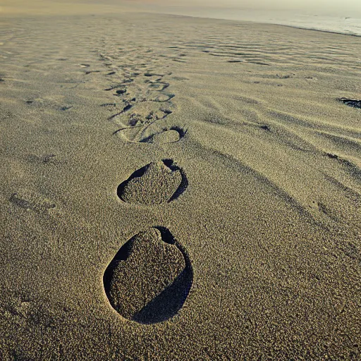 Image similar to footprints in sand at the beach, gentle waves, calm light, footprint path, light sand, distant clouds, photography award, leading lines