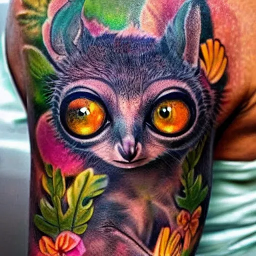 Prompt: shoulder tattoo of a multicolored psychedelic cute bushbaby, eyes are colorful spirals, surrounded with colorful flowers and marihuana leaves, insanely integrate