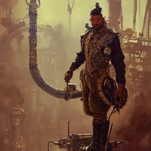 Image similar to Will Smith as a steampunk engineer, intricate, highly detailed, digital painting, artstation, concept art, sharp focus, illustration, art by greg rutkowski and alphonse mucha