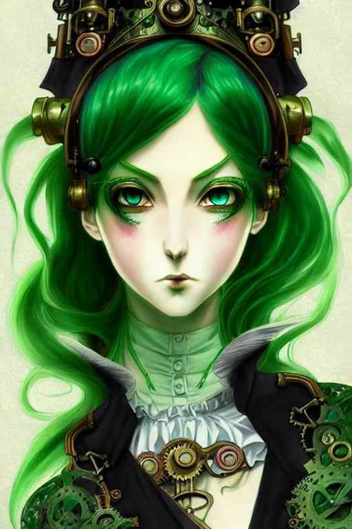 Image similar to beautiful green hair anime woman victorian dress, steampunk, fantasy, eerie, intricate details, pixiv, digital painting, artstation, concept art, 8 k, art by artgerm, loish and alohonse mucha and eiichiro oda symmetrical face symmetrical eyes