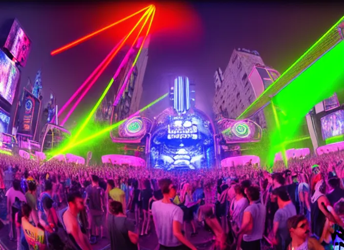 Prompt: a music festival in neon street in new york's park avenue, dozens of street lamps with neon laser show, highly detailed crowd of people, viewed from a massive beautiful dj stage in the style of tomorrowland, highly symmetrical, in the style of sahm, massive scale, highly detailed, hd, unreal engine