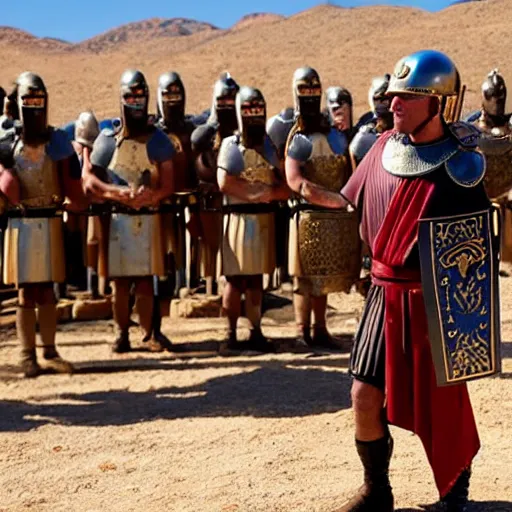 Prompt: joe biden wearing a roman helmet whilest standing infront of a roman army in the desert.