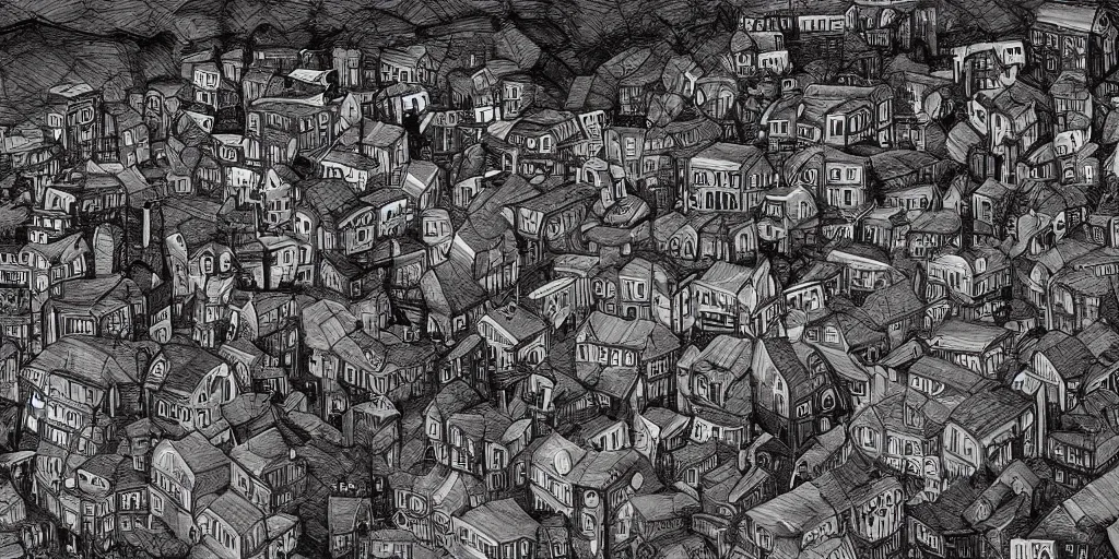 Image similar to town created by Tim burton dark tones