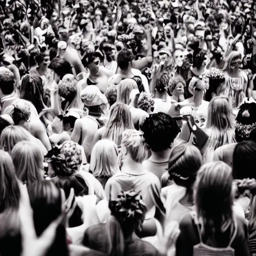 Image similar to kodak portra 4 0 0 photograph of a skinny blonde guy standing in crowd of black and white people, back view, flower crown, moody lighting, telephoto, 9 0 s vibe, blurry background, vaporwave colors, faded!,