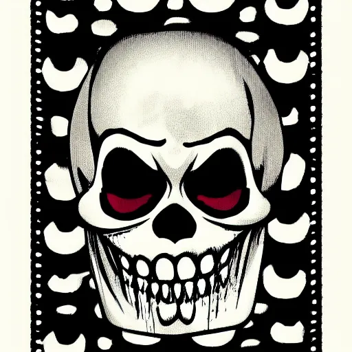 Prompt: angry clown skull in pinup style half dot design,