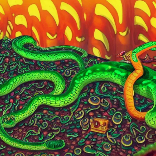 Image similar to A centered chest up portrait of a psychedelic demonic anthropomorphic snake smoking a hand-rolled cigarette smoking heavily , magic mushroom village in background , IMAX cel animation by tokyo movie shinsha , award winning. superb resolution. in the art style of junji Ito and greg rutkowski . Detailed Mushroom city in background. Hyper realistic anime. Perfect art. Dalle2