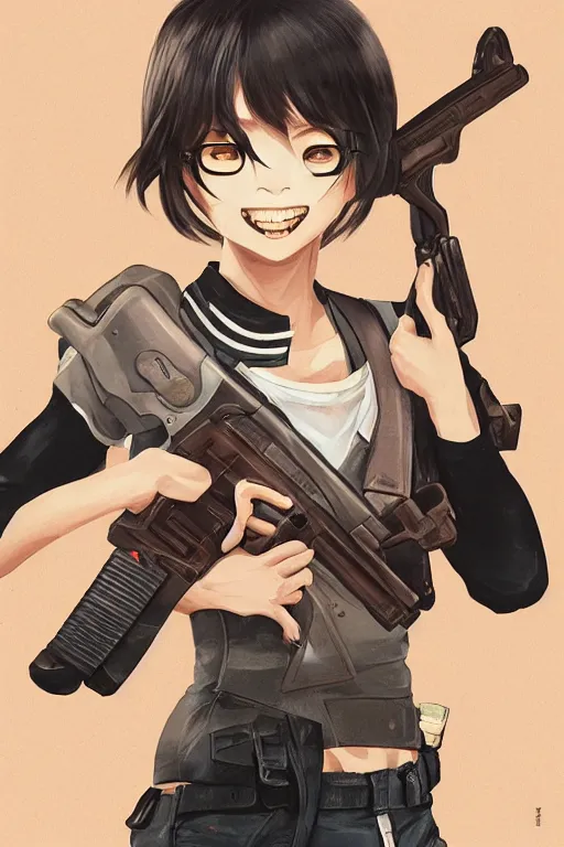 Prompt: illustration of a girl smiling holding a gun, drawn by mai yoneyama, and mitsume takahashi, detailed, dynamic lighting, pixiv art, digital art, anime art, detailed face