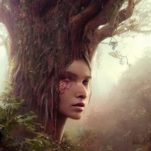 Prompt: a beautiful portrait of a tree goddess by Greg Rutkowski and Raymond Swanland, Trending on Artstation, ultra realistic digital art