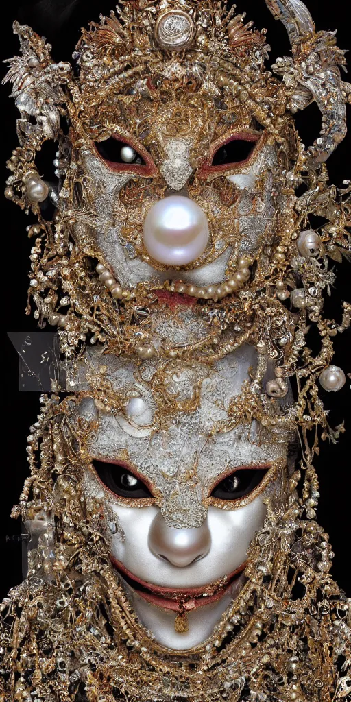 Image similar to hyperrealism, detailed textures, award winning autochrome photo, symetrical japanese pearl, beautiful animal pearl queen, autochrome pearl portrait, pearl silverplate, intricate, detailed facial pearl scary animal mask, pearl, golden jewelery, silverplate, ultra realistic, cinematic, intricate, by steve mccurry, unreal engine 8 k