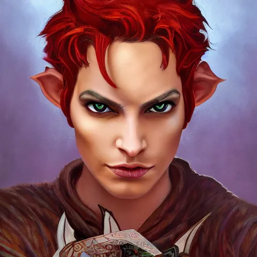 Prompt: dnd character portrait of a beautiful and androgynous half - elf with messy short red hair and catlike features and dark skin tone and yellow eyes with slit pupils, golden hour, wearing a colorful men's suit, realistic painting by tasha beckwith and ross tran and kehinde wiley and gerald brom and alphonse mucha, trending on artstation