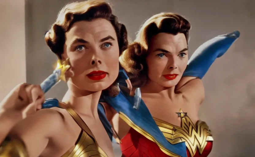 Image similar to ingrid bergman as wonder woman in a scene from the 1 9 4 8 film'wonder woman versus the robots '. colourful. action. beautiful. powerful. depth of field. trending on artstation. publicity photograph. bokeh.