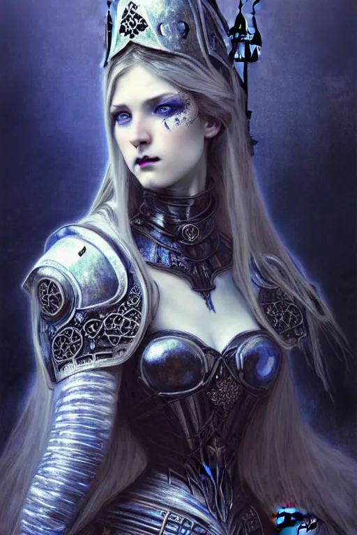 Prompt: beautiful luxury and gothic and victorian and evil medieval female blue & white color armor knight portrait+smoky eyes+light flowing hair, in ruin gothic cathedral, ultradetail face, art and illustration by tian zi and craig mullins and WLOP and alphonse mucha, fantasy, intricate complexity, human structure, fantasy world concept, watermark, blurry, hyperrealism 8k