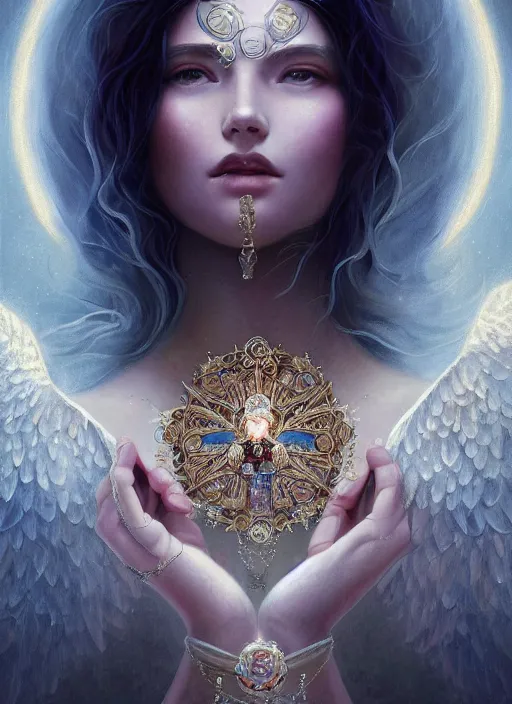 Image similar to A beautiful digital painting of a female Seraphim full of jewels, princess, the moon behind her, intricate, cinematic lighting, highly detailed, digital painting, Artstation, concept art, smooth, sharp focus, illustration, art by Tom Bagshaw, Artgerm and Greg Rutkowski