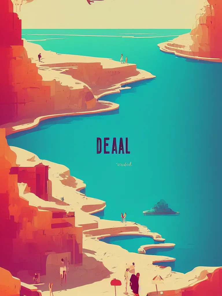 Prompt: a travel poster illustration depicting the dead sea, vintage style, white architecture, digital painting, vector art, trending on artstration, by anton fadeev, by alena aenami