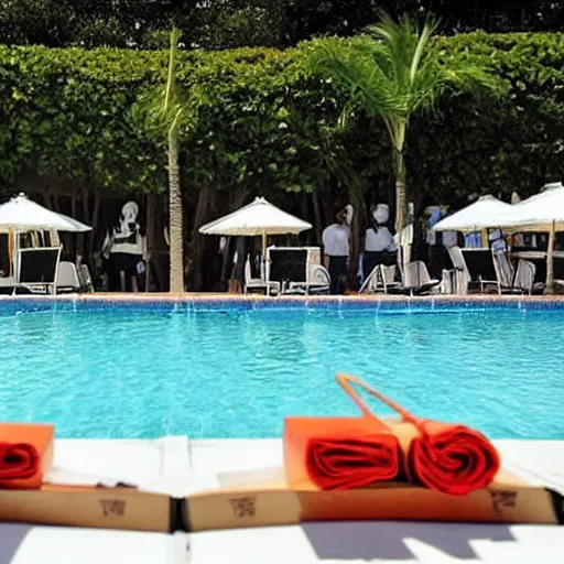 Prompt: “ papers in cardboard boxes by the pool at florida country club, ap, news photo ”