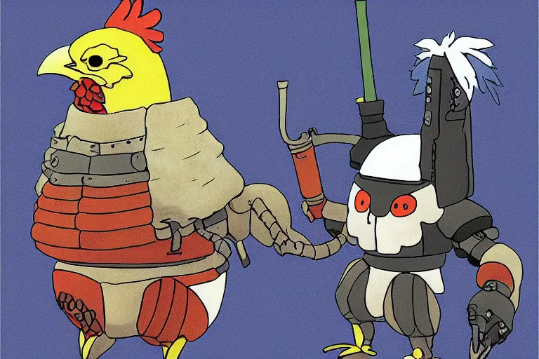 Image similar to heavily armoured mechanical chicken by studio ghibli