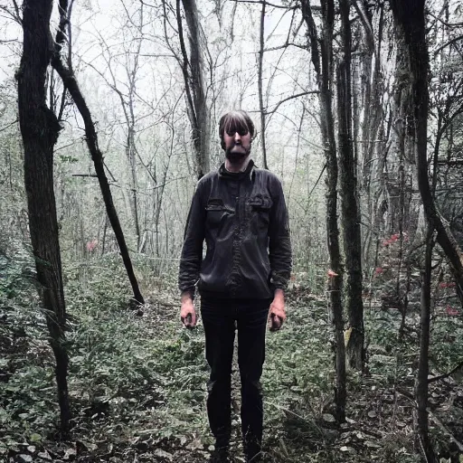 Prompt: tall creepy man on the woods, found footage