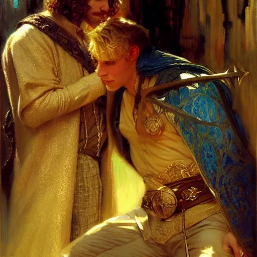 Image similar to attractive, arthur pendragon in love with attractive male, merlin the mage. highly detailed painting by gaston bussiere, craig mullins, j. c. leyendecker