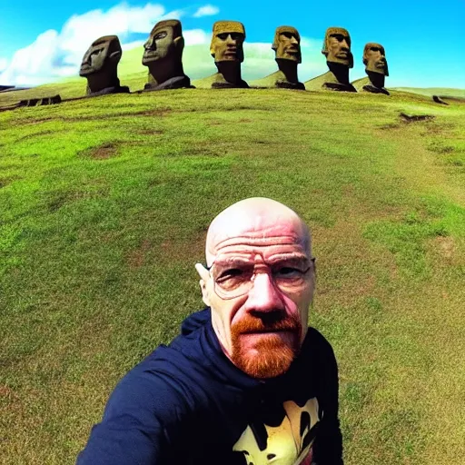 Prompt: walter white taking a selfie on rapa nui, moai