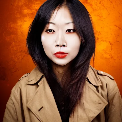 Image similar to photograph of an asian woman thirty years old with burn scars all over her neck and nose wearing a trench coat, steampunk background, portrait, 4 k, hd, art station trending, sharp and highly detailed