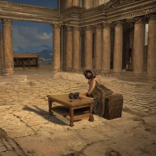 Image similar to 8 k, uhd, historical coloured pictures of ancient roman playing ps 5, highly details textures, highly details content