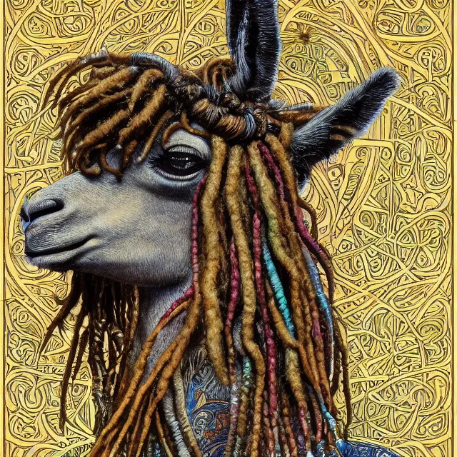 Image similar to llama with dreadlocks, detailed, by ernst haeckel, james jean, mandy jurgens, alphonse mucha, maxfield parrish