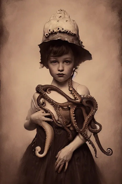 Image similar to wet plate photograph portrait of child with an octopus head, dressed in a victorian - era clothing, dramatic lighting, highly detailed, digital painting, artstation, concept art, smooth, sharp focus, illustration, art by wlop, mars ravelo and greg rutkowski