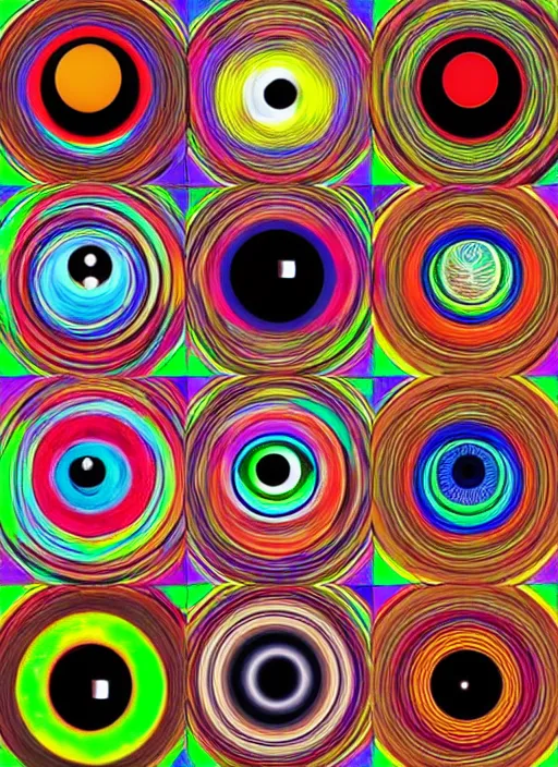 Image similar to diverse eyes!, rotating circle, dot pupils, teams, healing, energetic, life, hybrids, thin glowing devices, reflections, vitals visualiser!!, advanced art, art styles mix, from wikipedia, grid of styles, various eye shapes