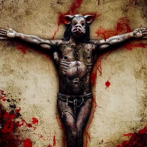 Image similar to a highly detailed realistic photographic render crucified bloody humanoid pig, bloody christ with the head of a pig, dead souls, religious sculpture, creepy, cinematic lighting, cinematic scene, Volumetric lighting, Atmospheric scene, Dark, Horror, Atmospheric lighting, Global illumination, realistic, photo realism, hyper realistic, hyper realism, photo realisitc, cinematic render, film, beautifully lit, ray traced, octane 3D render, octane render, unreal engine