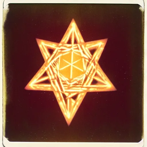 Prompt: glowing pentagram in a forest clearing at night, old polaroid, expired film, blurry, lost footage, found footage, creepy,