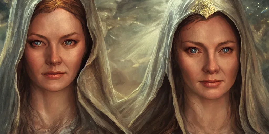 Image similar to Galadriel portrait, golden hour, rim lighting, detailed matte painting, cinematic, Alan Lee, Artstation