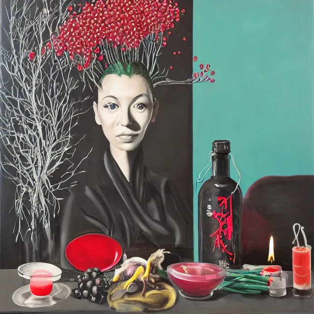 Prompt: apartment with black walls and a futon, ikebana, a sensual portrait of a female pathologist holding a brain, intravenous drip, pomegranate, candles, octopus, organic, sensual, pancakes, berries, surgical supplies, scientific glassware, candles, berry juice drips, neo - expressionism, surrealism, acrylic and spray paint and oilstick on canvas