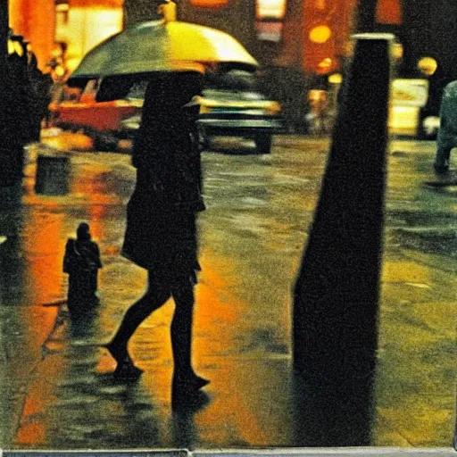 Prompt: a photo by saul leiter of a tiny dinosaur alone in a street of new york, dark and rainy, highly detailed, beautiful