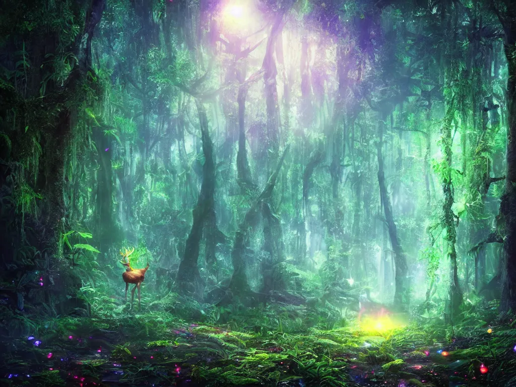 Prompt: a fantasy beautiful dense biorelevant rainforest setting, ultrawide angle, a deer glowing light full of bright neon ether light sparkle, cinematic lighting, extremely emotional, extremely dramatic, surround it with pixie dust ether floating in the air, hdr, epic scale, cmyk, deep spectrum color