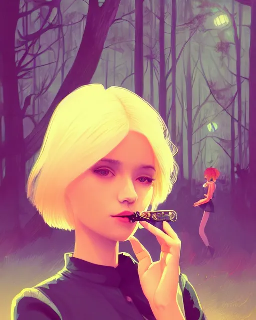 Image similar to digital illustration of pretty girl with short blonde hair hair, from alice in wonderland, smoking, in a wonderland forest, in junkyard at night, by ilya kuvshinov, lois van baarle, rossdraws, basquiat