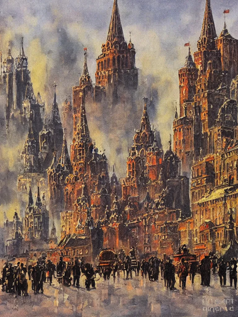 Image similar to russian revolution dieselpunk 1 9 1 0 cityscape, kremlin, painting by davison, craig