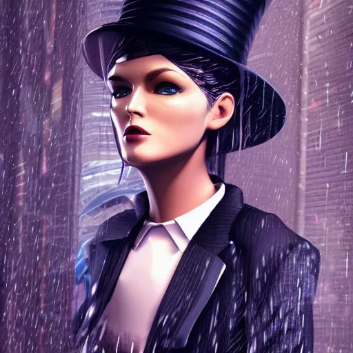 Image similar to stylish woman cartoon portrait made out of rain, pinstripe suit, top hat, cyberpunk background, rendered in octane, unreal engine, highly detailed, trending on artstation, realistic, neon, beautiful