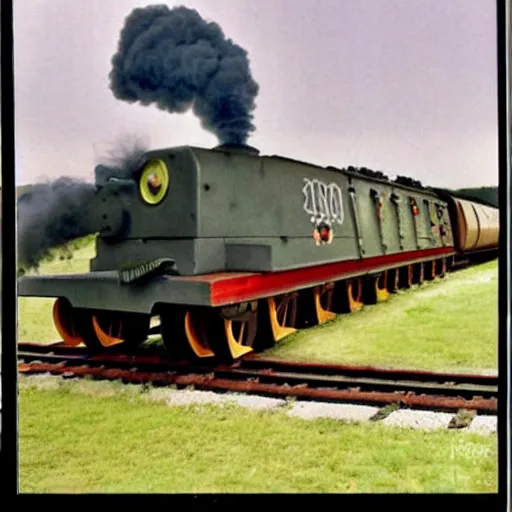 Image similar to german world war two artillery train with thomas the tank engine's face, old worn photograph