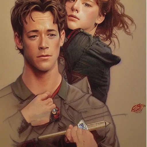 Image similar to amazing lifelike award winning pencil illustration of young Luke Perry 1990s trending on art station artgerm Greg rutkowski alphonse mucha cinematic