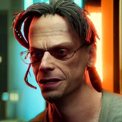 Prompt: screenshot of Steve Buschemi in Cyberpunk 2077