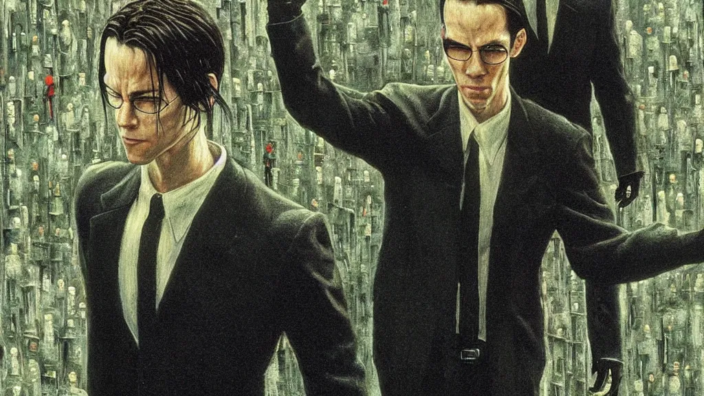 Image similar to an oil painting in the style of alan lee depictingneo fighting agent smith in the movie the matrix ( 1 9 9 9 )