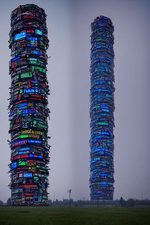 Prompt: cyberpunk tower made out of billions of stacked computer screens by simon stalenhag