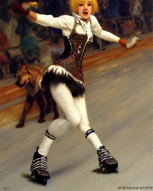 Image similar to white female anthro wolf skating at a roller derby, 4 k, furaffinity, trending on artstation, very expressive detailed face, energetic, speed, motion blur, by gaston bussiere, craig mullins, j. c. leyendecker, gustav klimt, artgerm, greg rutkowski, alphonse mucha