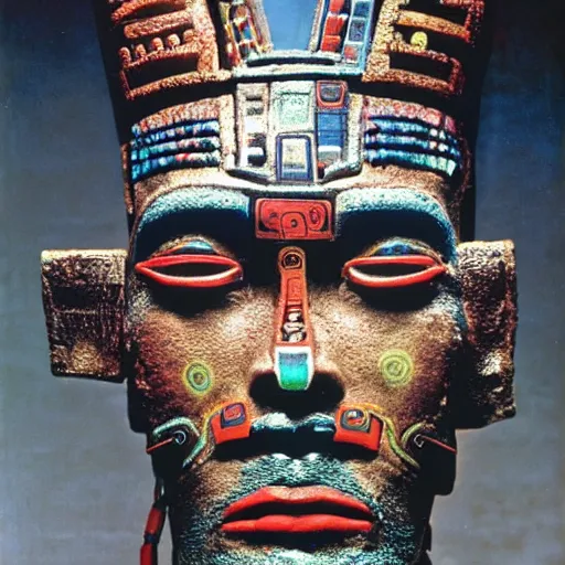 Prompt: A Mayan cyborg, portrait, by Nam June Paik, Man Ray, Annie Liebovitz