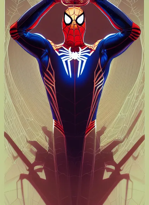 Prompt: symmetry portrait of spider - man, glowing lights, intricate, elegant, highly detailed, digital painting, artstation, concept art, smooth, sharp focus, illustration, art by artgerm and greg rutkowski and alphonse mucha